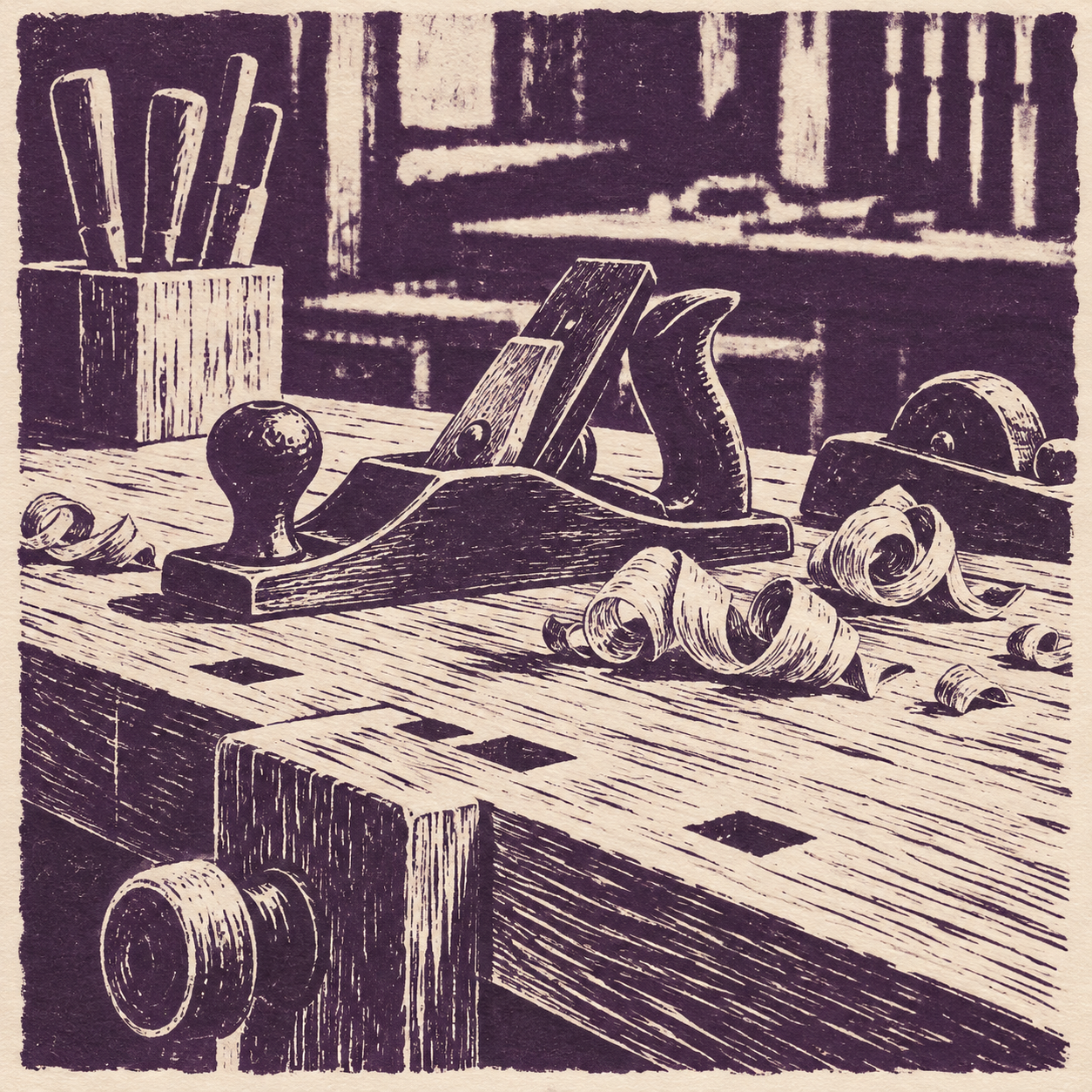 Illustration of fine woodworking shop: a maple workbench, hand planes, curled wood shavings