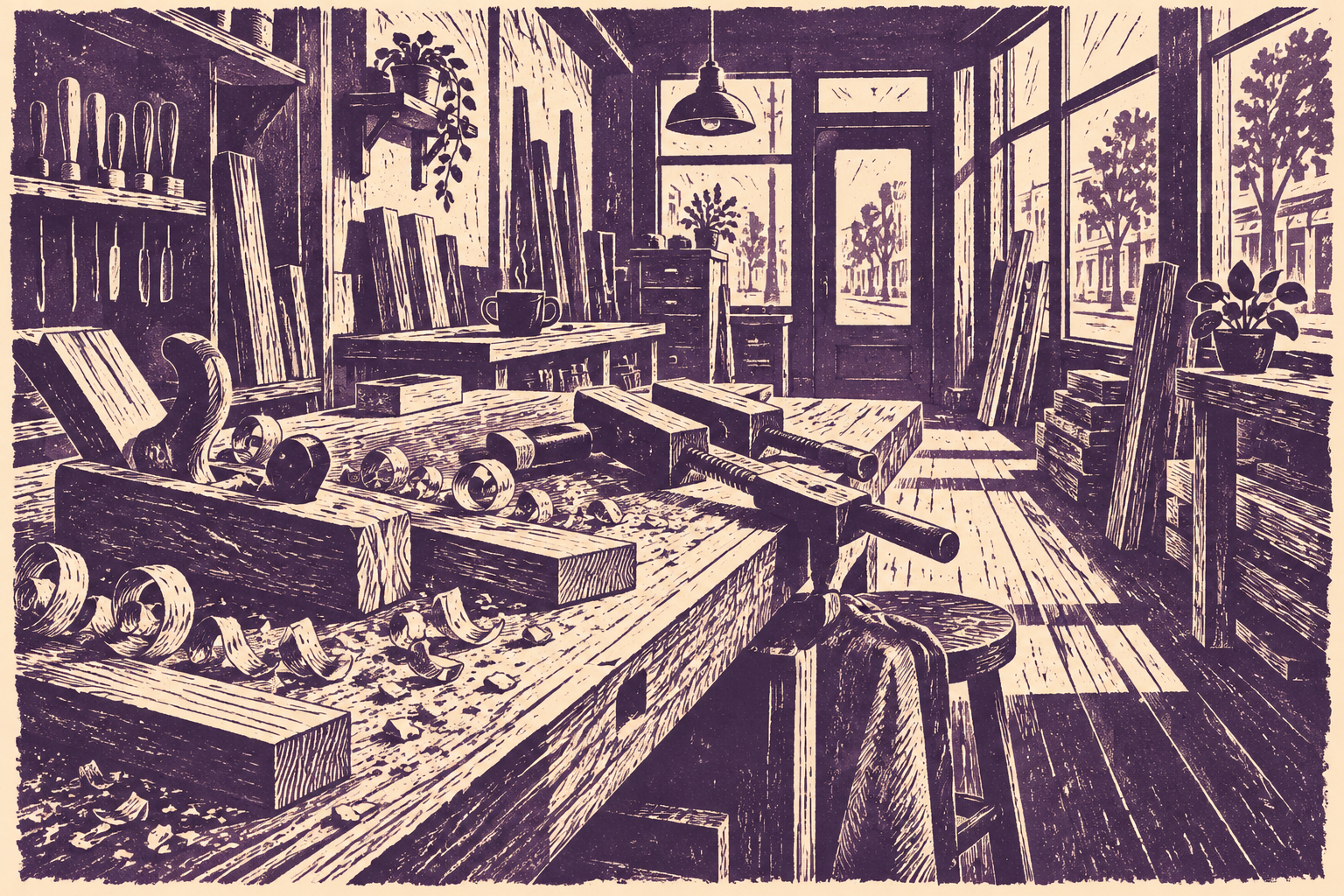 Illustration of fine woodworking shop: curled wood shavings, oak offcuts, wooden clamps