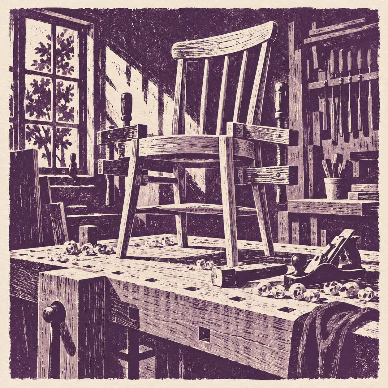 Illustration of fine woodworking shop: wooden clamps, an unfinished chair, a maple workbench